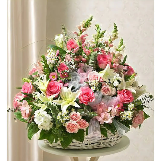 Pink and White Sympathy Arrangement in Basket