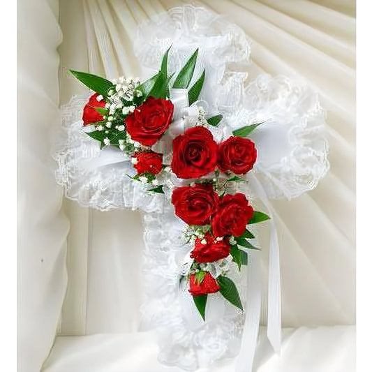 Red & White Satin Heart Casket Pillow