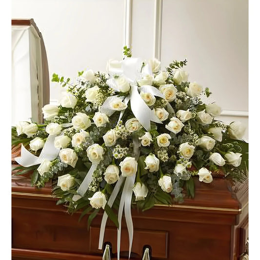 Cherished Memories White Rose Half Casket Cover