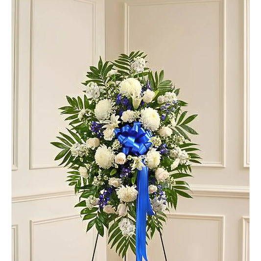 Deepest Sympathies Blue & White Standing Spray